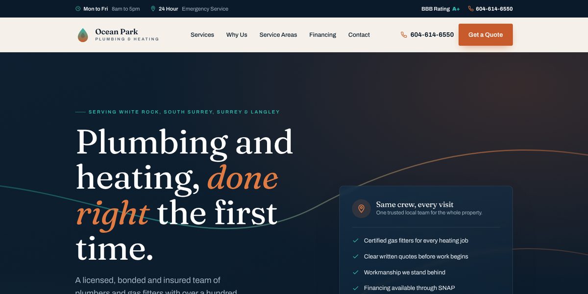 Ocean Park Plumbing & Heating website design concept